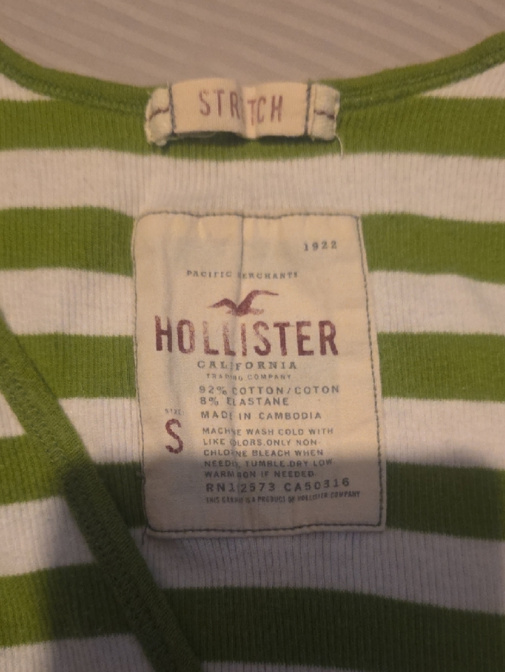 Y2K Extra Long Hollister White and Green Striped V-Neck Tank Size S - Picture 2 of 4